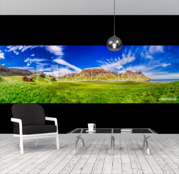 Bild på Panorama of mountains with small cottage Iceland